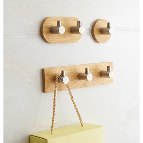 Adhesive Bamboo Stainless Steel Hook Rack Wall Clothes Bag Key Hanger Hook Kitchen Bathroom Door Towel Rack Shelf