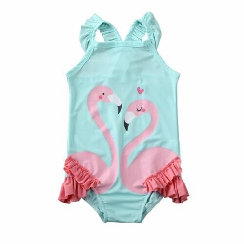 1-6Y Infant Kids Girls Baby One Piece Swimwear Ruffles Sleeve Swan Cartoon Print Beachwear Swimsuits