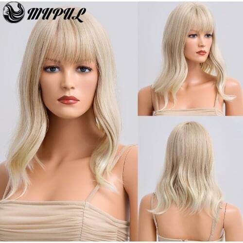Blonde Medium Wave Colored Daily Hair Synthetic Wig For White Women With Bangs Natural Heat Resistant Female Cosplay Fiber Wigs