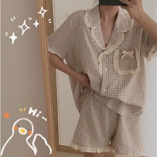 Womens Pajamas Korean Sweet Plaid Short-sleeved Cardigan Shorts Comfortable Homewear Suit 2 Pieces Summer Loungewear Sleepwear