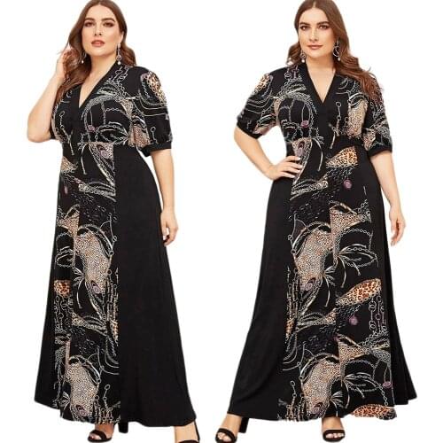 Summer Printed Bohemian Long Dress Abaya Muslim Casual Loose Plus Size Maxi Arab Jilbab V-neck Short Sleeve Robe Islamic Vestido