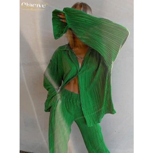 Clacive Casual High Wasit Pants Set Women Autumn Long Sleeve Blouses Matching Wide Trousers Suit Green Pleated 2 Piece Pant Set