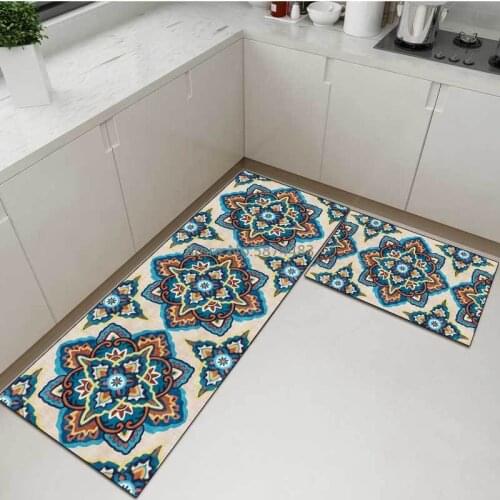 Retro Geometric Ethnic Blue Kitchen Mat Entry Mat Non-slip Foot Mat Bedroom Bedside Blanket