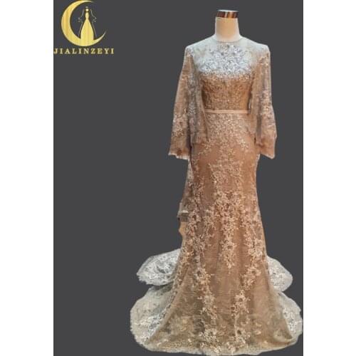 JIALINZEYI Real Sample Gray Lace Appliques Beads with shawl Court Train Formal dresses Party Evening Dresses 2020