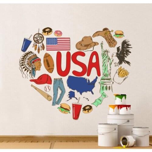 Heart Shap USA America Illustration Fashion Wedding Decor Vinyl Waterproof Wall Sticker Bedroom Wallpaper Wall Decal Rooms Decor