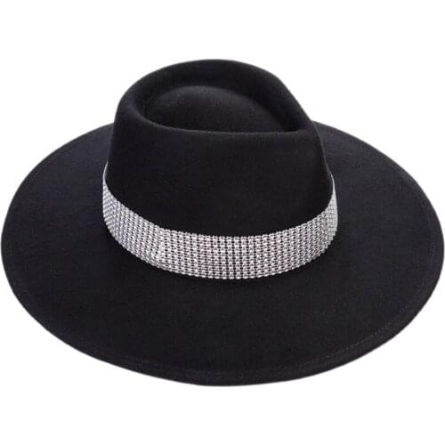 Bright diamond jazz top hat womens concave-convex top fedora hat autumn and winter fashion wide brim woolen hat casual felt hat