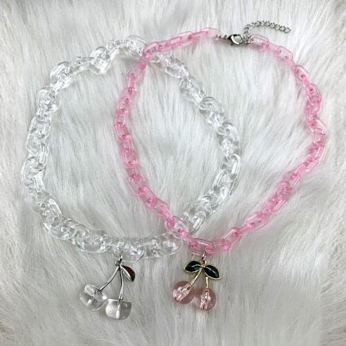 Y2K Jewelry Pink Cherry Necklace for Women Acrylic Chain Fashion Harajuku Necklace Charms 90s Aesthetic New Gifts 2021