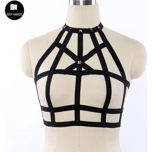 Women Black Goth Body Harness Crop Top Rave Wear Harness Cage Bra Cosplay Bondage Harness Dress Fetish Sexy Lingerie