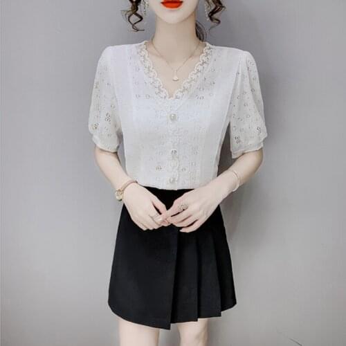 Summer Fashion Womens Puff Sleeve V-neck Shirt Lace Hollow Casual Short Sleeve Shirt Women Blouses Blusas Mujer