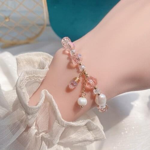 Delicate Freshwater Pearl Charm Bracelets for Women 14K Real Gold Plated Cute Pink Crystal Bangles&bracelets