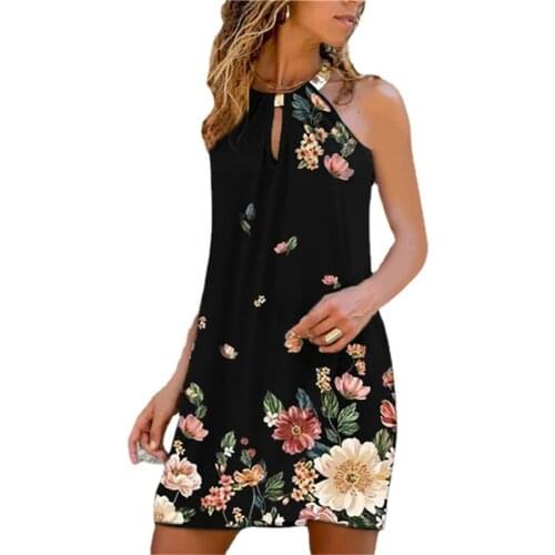 Womens Summer New Metal Neck Dress Round Neck Plaid Print Sling Dress Halter Women Clothing Beach Mini A-Line Dresses