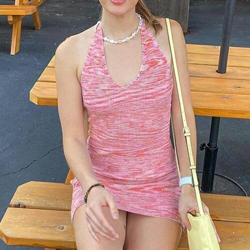 Women Pink Sexy Sleeveless Halter Bodycon Dress Summer Ladies V-Neck Solid Color Rib Knitted Mini Dress