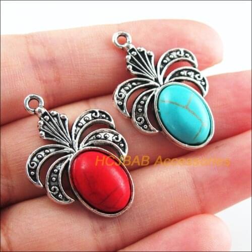 8Pcs Retro Tibetan Silver Tone Oval Flower Blue&Red Stone Charms Pendants 22x32mm