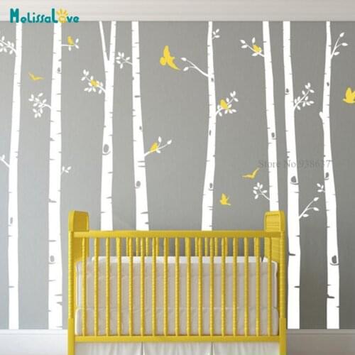 Birch Tree Decal with flying Birds Set of 8 trees Birch forest Baby Nursery decals Vinyl Wall Sticker BB582