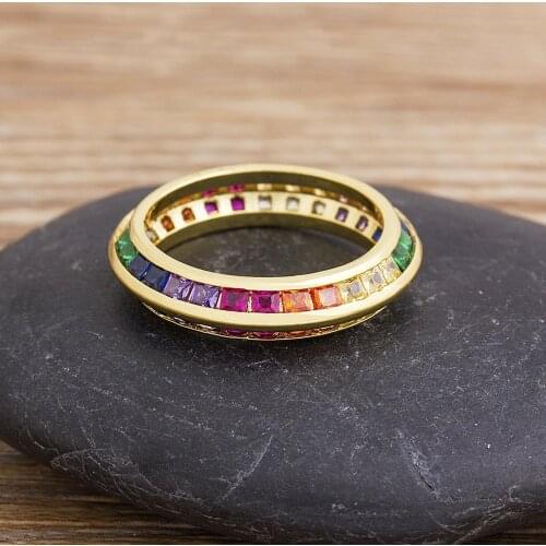 Bohemian Rainbow Cubic Zirconia Rings Fashion Gold Color Copper Jewelry Round Wedding Band For Women Couple Engagement Ring Gift