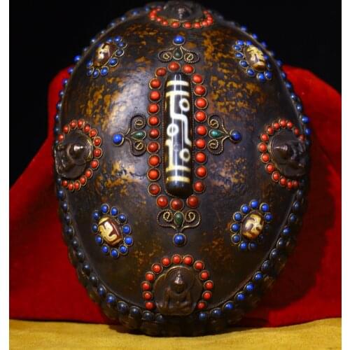 9" Tibet Buddhism Old bronze Sakyamuni Tibetan silver skull head inlay gem agate tantrick Kapala Bowl Cup Dzi Gabala Bowl