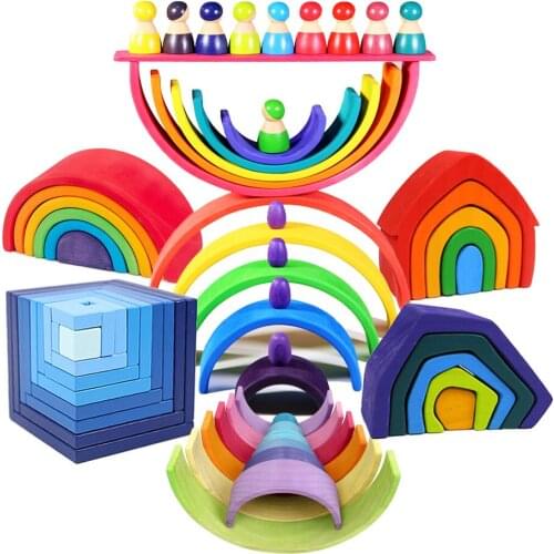 Wooden Rainbow Blocks Large Creative rainbow wooden toy Building Blocks Set montessori educational wooden toys for kids