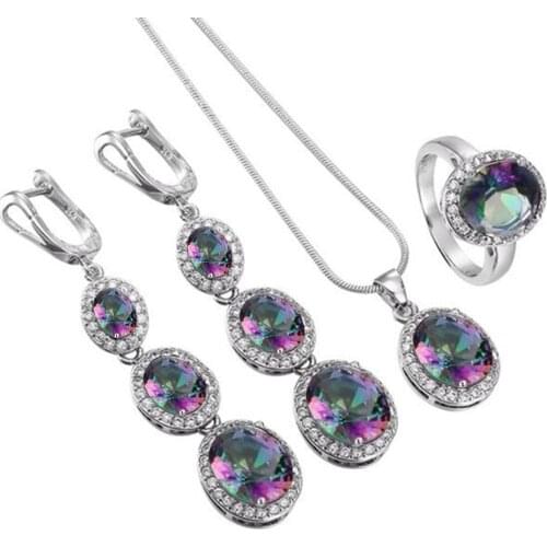 Elegant Women Round Rhinestone Pendant Chain Necklace Earrings Ring Jewelry Set