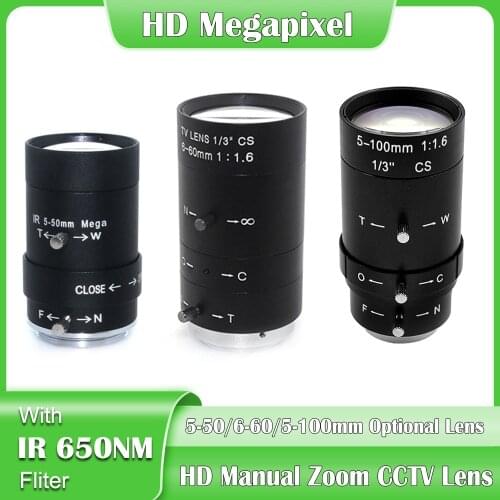 HD Megapixel 5-50/6-60/5-100mm Varifocal CS Mount Manual Zoom cctv Lens With IR 650NM Fliter for CCTV Security BOX IP Camera