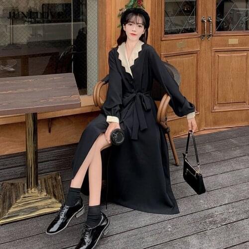 JuneLove Spring Womens Dress With Belt Bandage Long Dress Black Long Sleeve Elegant Female Vintage Office Lady Split Vestidos