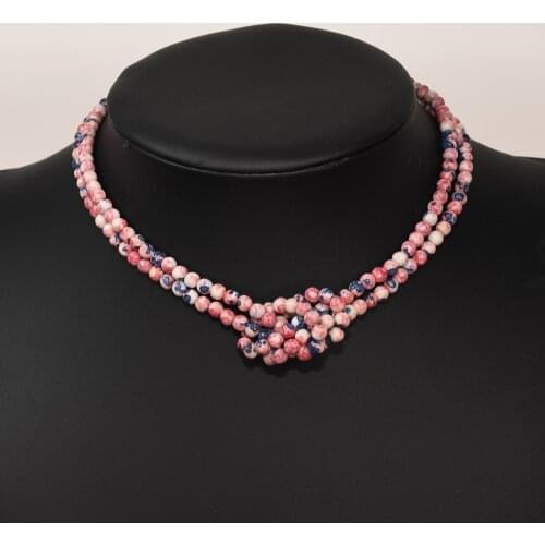 Classic Beads Jewelry Natural Stone Simple Crossed Handmade Choker Pink Unique Stone Necklace for Women