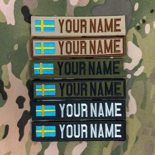 Custom Name Tape Sweden Flag Embroidery Patch Hook And Loop Multicam Green ACU Black AU FG Tan