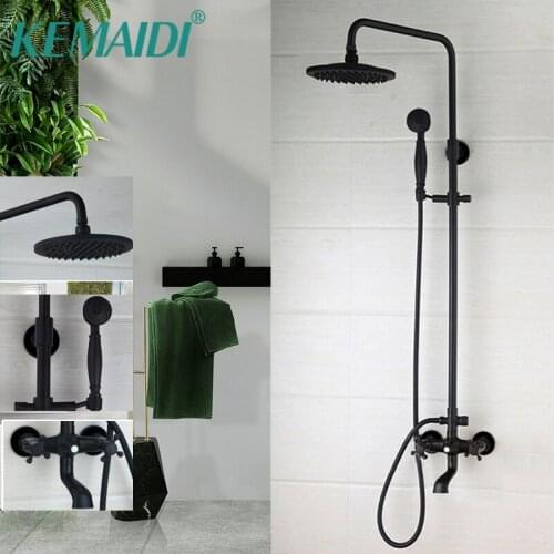 KEMAIDI Matte Black Bathroom Bathtub Shower Faucet Wall Mount Round Rainfall Shower Head Dual Handles Shower Set Mixer Tap Set