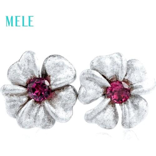 MELE Natural garnet silver earring, 10mm for earring size, lovely flower silver earring, good choice for birthday gift