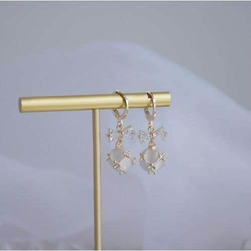 14k Real Gold Fashion Jewelry Crystal Bowknot Opal Ball Exquisite Simple Earrings for Woman Holiday Party Elegant Earring