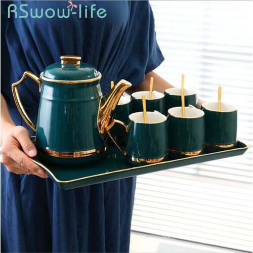 Ceramic Cup Cold Water Bottle Set Dark Green Glaze Water Bottle Sets 6 Cups +1 Kettle +1 Tray Tea Cup Set For Drinkware