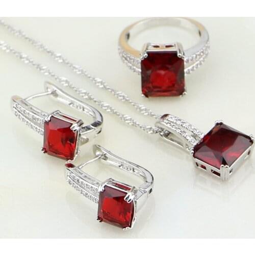 Natural Square Red Cubic Zirconia White CZ 925 Silver Bridal Jewelry Sets For Women Wedding Party Earring/Pendant/Necklace/Ring
