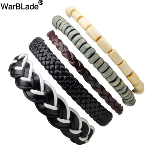 WarBLade 2018 New Genuine Leather Men Bracelet Braid Wrap Beads Bracelets & Bangles Punk Wristband for Women Jewelry 3-6PCs/set