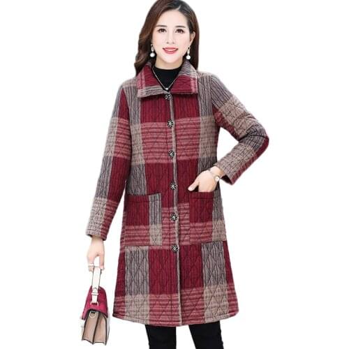 New Middle-aged Women Warm Cotton Coat Autumn Winter Loose Plaid Long Overcoat Plus Size Spring Fashion Womens Short Outerwear