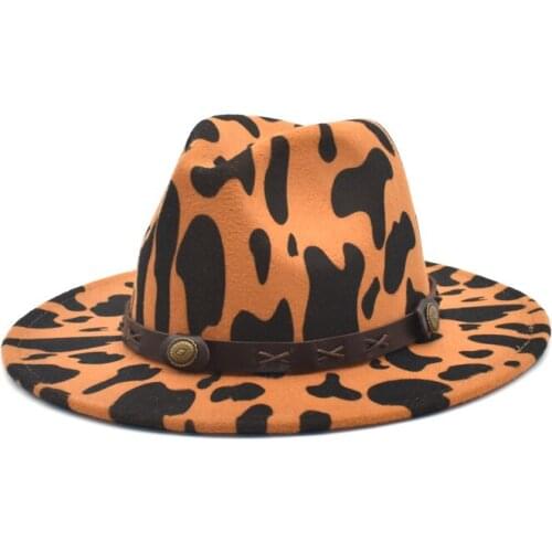 FUODRAO New Fashion Cow Print Jazz Caps Men Fedoras Hats Women Wool Felt Wide Brim Vintage Cowboy Hat Dropshipping NN13