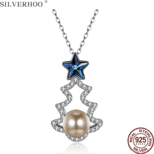SILVERHOO Pearl Necklace Woman 925 Sterling Silver Christmas Tree With Blue Star Austria Crystal Pendant Necklaces Hot Sale