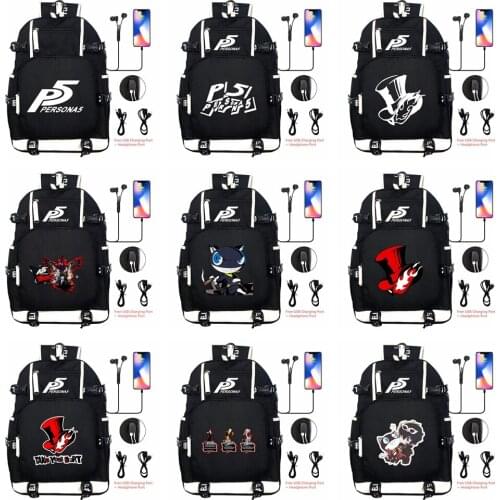 Persona5 P5 Backpack Shoulder Travel Bag Rucksack BookBag USB Port Black Knapsack for Men Teens Kids Students