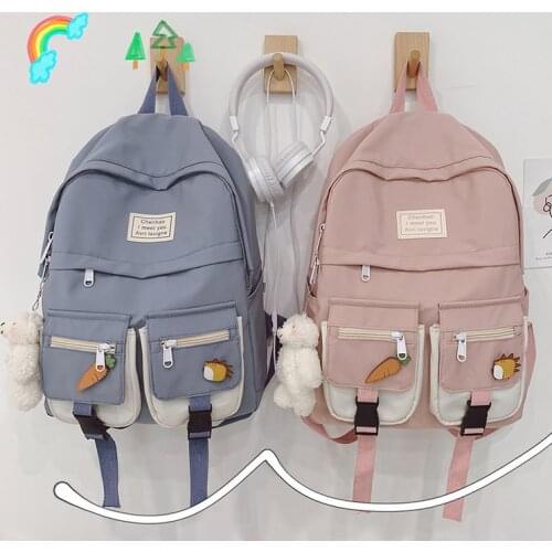 Hot Sale Student Bag Panelled Waterproof Nylon Women Backpack Female Schoolbag For Teenage Girls Double Front Pocket Mochilas