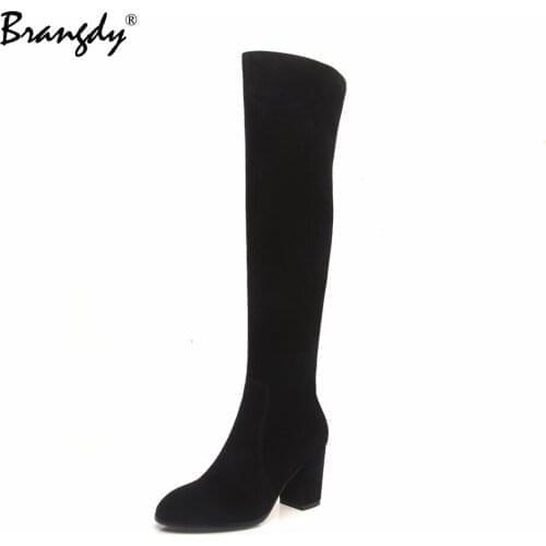Brangdy Genuine Leather Woman Over The Knee Boots Fashion Square Heel Round Toe Women Shoes Zipper Women Winter Boots Warm Fur