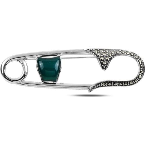 Silver 925 Sterling Safety Pin Natural Stone & Marcasite Gemstone Brooch