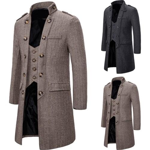 Herringbone Trench Coat Men Fake Two Pieces Long Jacket Mens Casual Slim Warm Vintage Retro Overcoat Oversized Windbreaker Coats