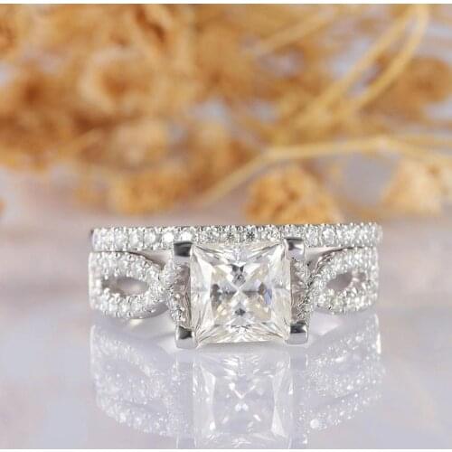 Veryins 14K 585 White Gold 1CT Princess Cut Moissanite Twist Band Engagement Ring Bridal Set for Women Wedding Gift