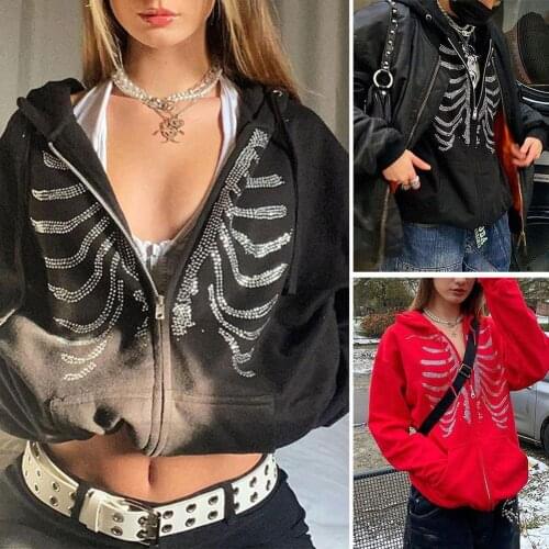 Y2k Rhinestone Hoodies WomenS Zip Up Jacket Oversized Sweatshirts Harajuku Pockets Hooded Femme Autumn Grunge Top 2021
