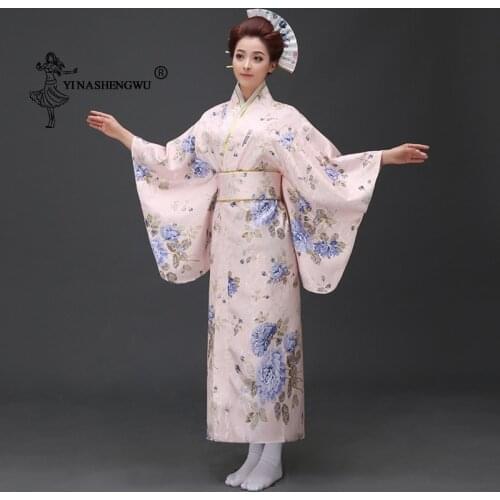 Japanese Traditional Floral Print Long Kimono Yukata Women Japan Femmes Stage Costume Cosplay Cotume Asian Elegant Lady