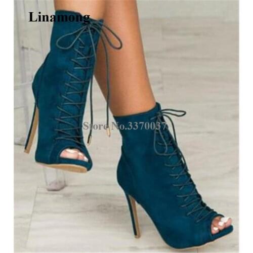 Women Elegant Fashion Peep Toe Suede Leather Stiletto Heel Short Gladiator Boots Lace-up Blue High Heel Ankle Booties Heels