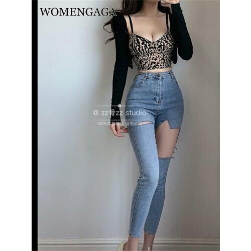 WOMENGAGA Autumn New Hole Revealing Thigh Irregular Tight Skinny Jeans Hot Sexy Korean Women Denim Pencil Pants Trousers 0Z0T