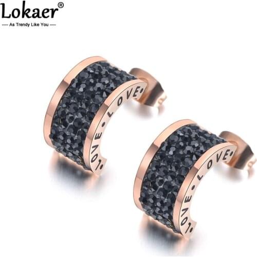 Lokaer Stainless Steel Semicircle Black Rhinestone Love Wedding Earrings For Women Rose Gold Engagement Earrings Jewelry E19047