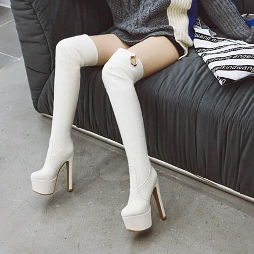 Ladies Fashion Metal Buckle Knee Boots Platform Super High Heel Boots Female Patent Leather Slip On Large Size Women Shoes 34-46