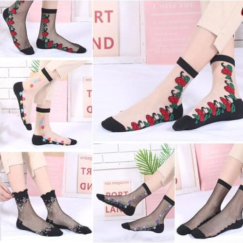 1 Pair Women Sexy Lace Mesh Thin Socks Spring Summer Breathable Crystal Silk Flower Ledies Girls Elastic Middle Tube Socks