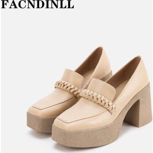 Woman‘s Shoes 2021 New Fashion Shoes Genuine Leather Shallow Square High heel Platform Pumps SquareToe Office Ladies Footwear 40