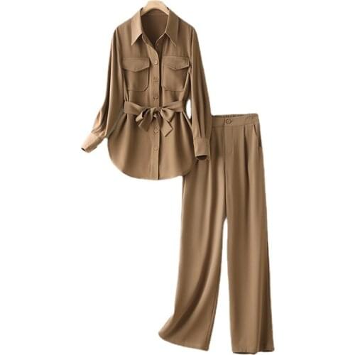 High Quality New Women Two Piece Sets Long Sleeve Turn Down Collar Tops Wide Leg Pants Female Elegant Fashion Two Piece Set Suit